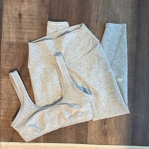 ALO Yoga Light Grey Active Leggings and Sports Bra Set